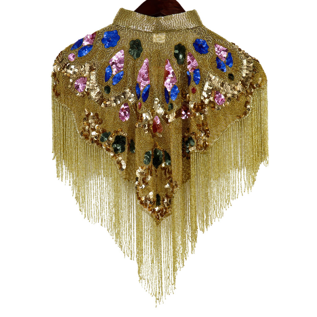 Beaded Collared Cape with Fringe - Multicolour