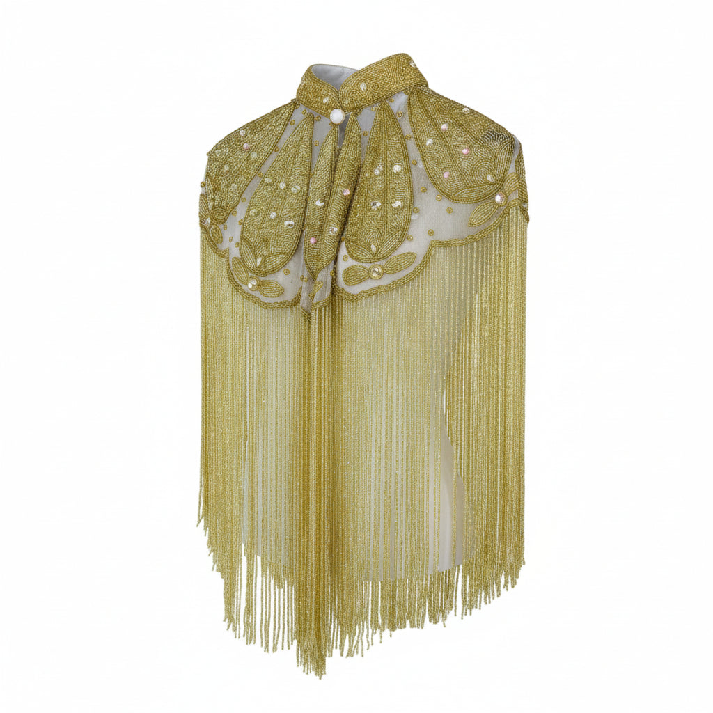 Beaded Cape with Collar & Fringing - Gold COMING SOON