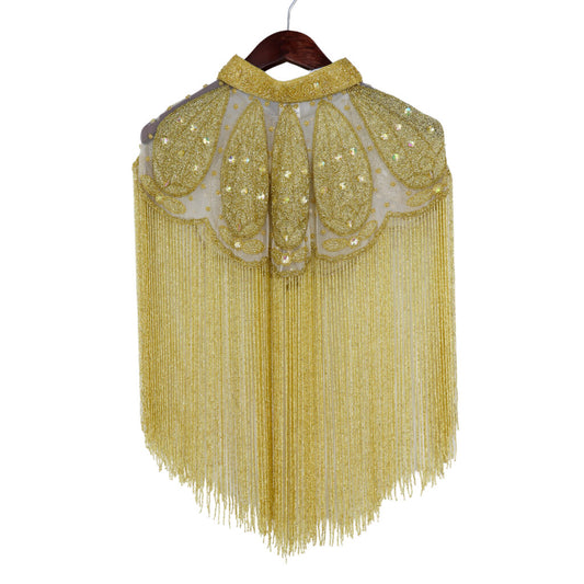Beaded Cape with Collar & Fringing - Gold