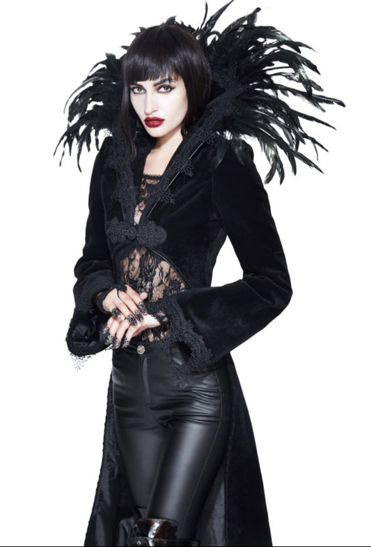 Gothic Velvet Jacket with Feather Collar
