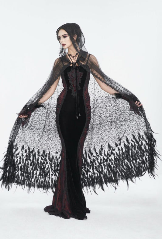 Sheer Beaded Long Cloak with Feather Trim