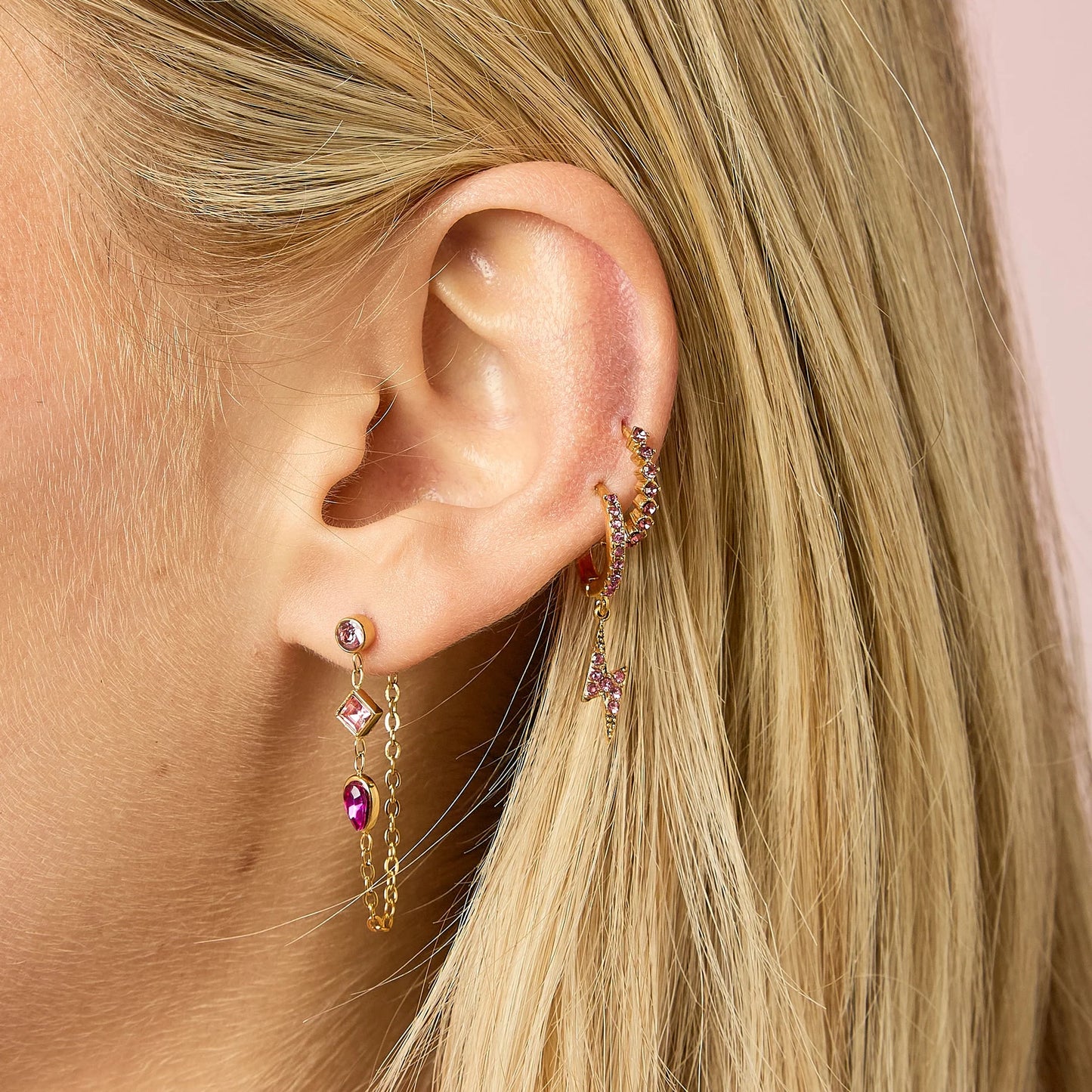 Bijoux De Mimi Emma Droplet Chain Studs - Gold & Pink
