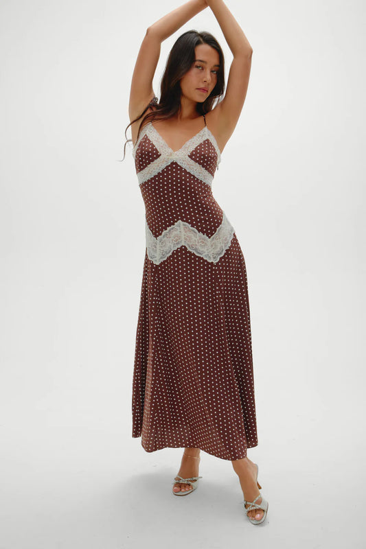 COMING SOON Frankies Bikinis Ethereal Lace Maxi Dress - Chocolate Dot