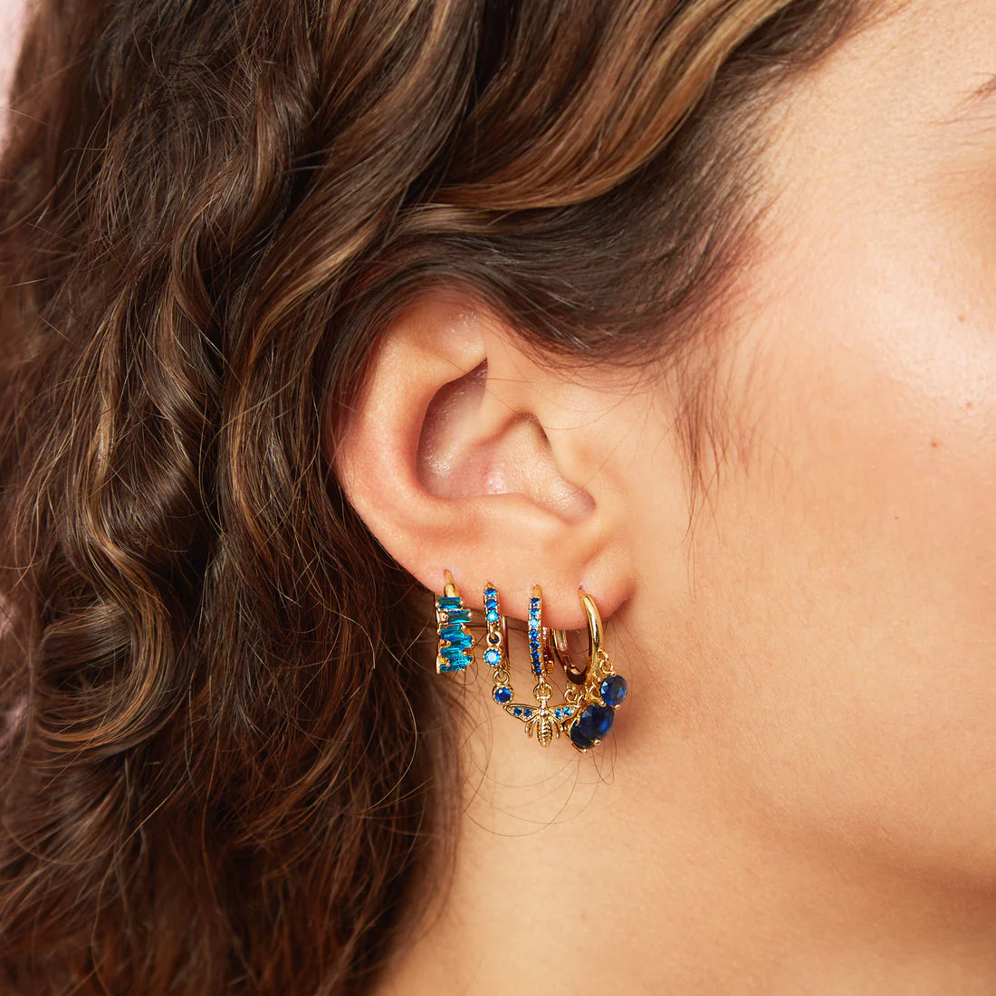 Bijoux De Mimi Iris Blue Gold Waterfall Huggie Earrings