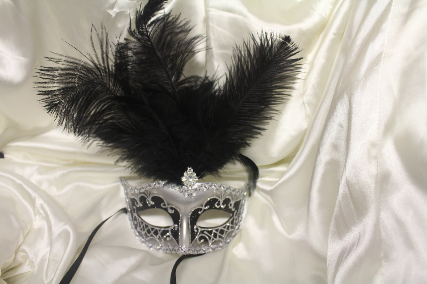 Black & Silver Feather Masquerade Mask