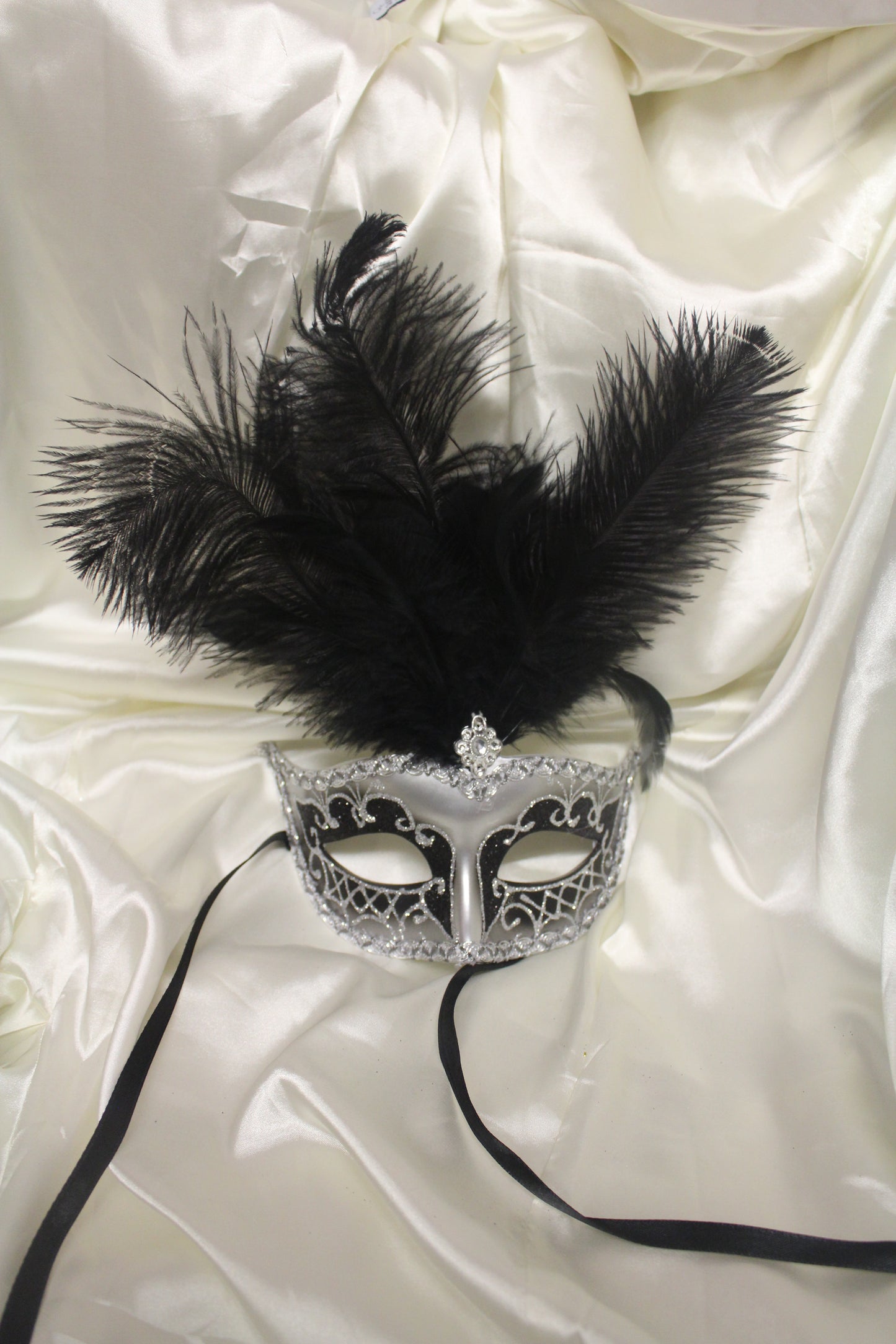 Black & Silver Feather Masquerade Mask