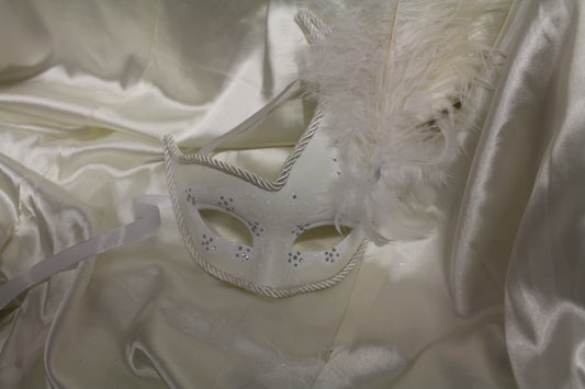 White Pointed Feather Columbina Masquerade Mask