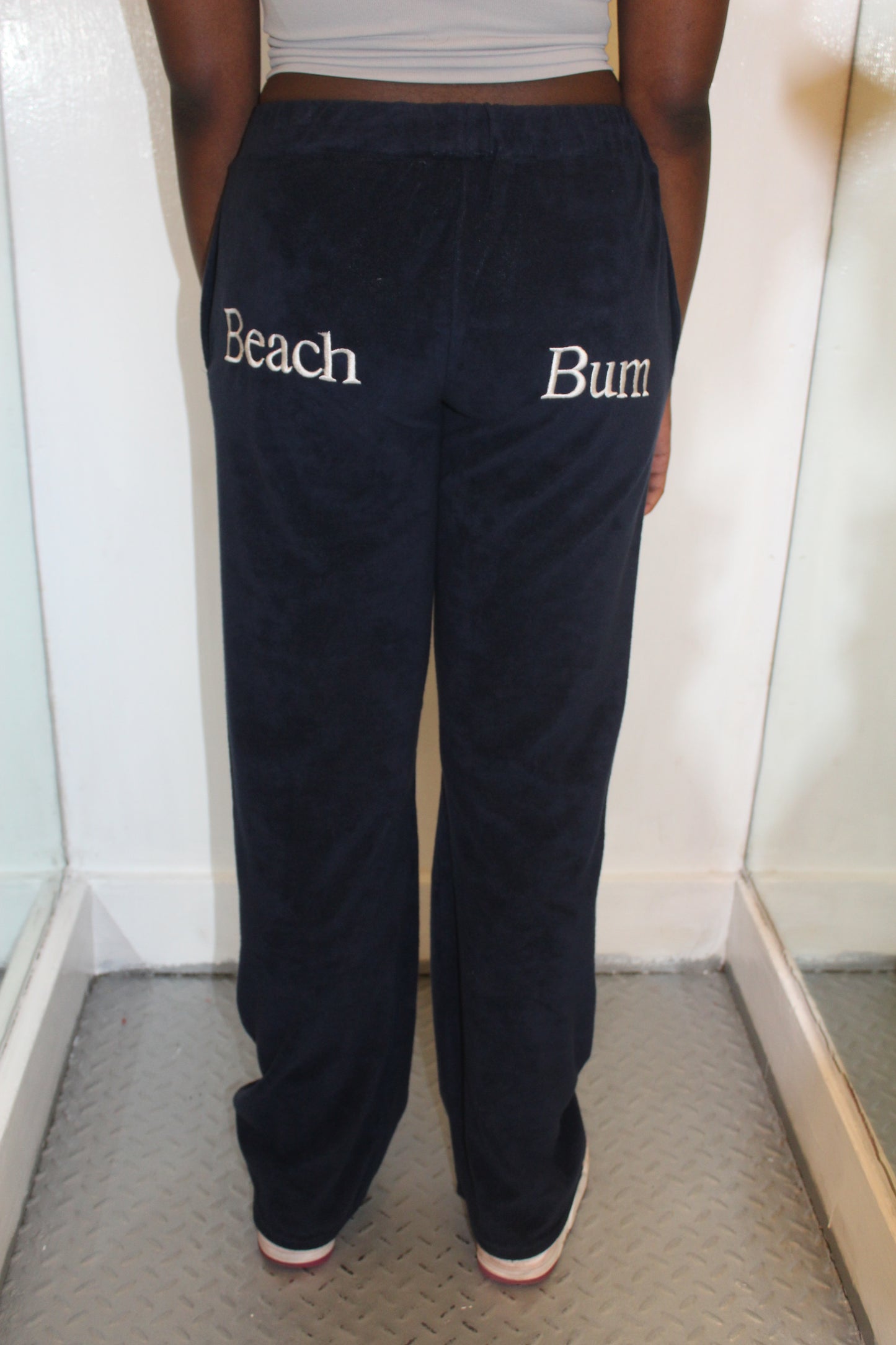 Navy Blue & White 'Beach Bum' Towelling Sweatpants