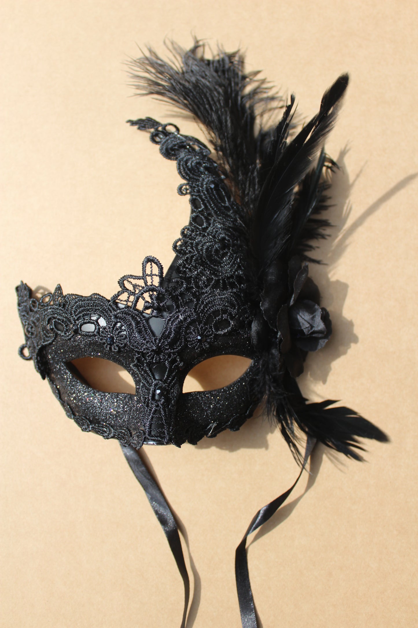 Black Feather Plume Venetian Masquerade Mask