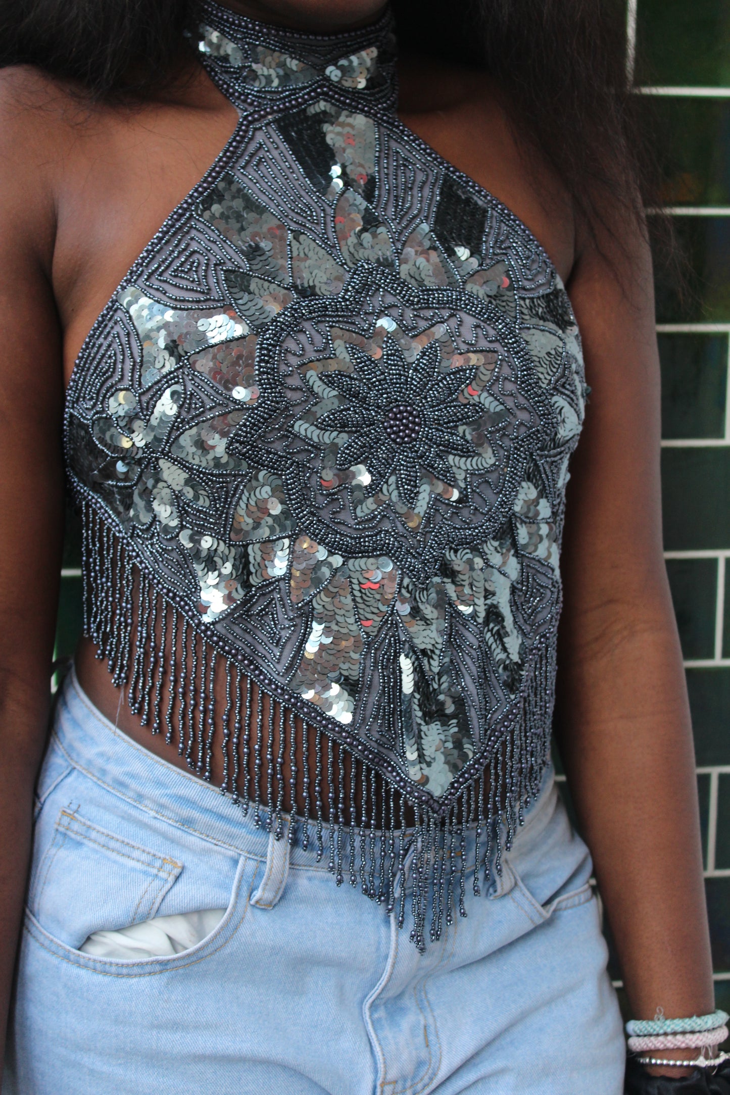 Grey Beaded Medallion Top