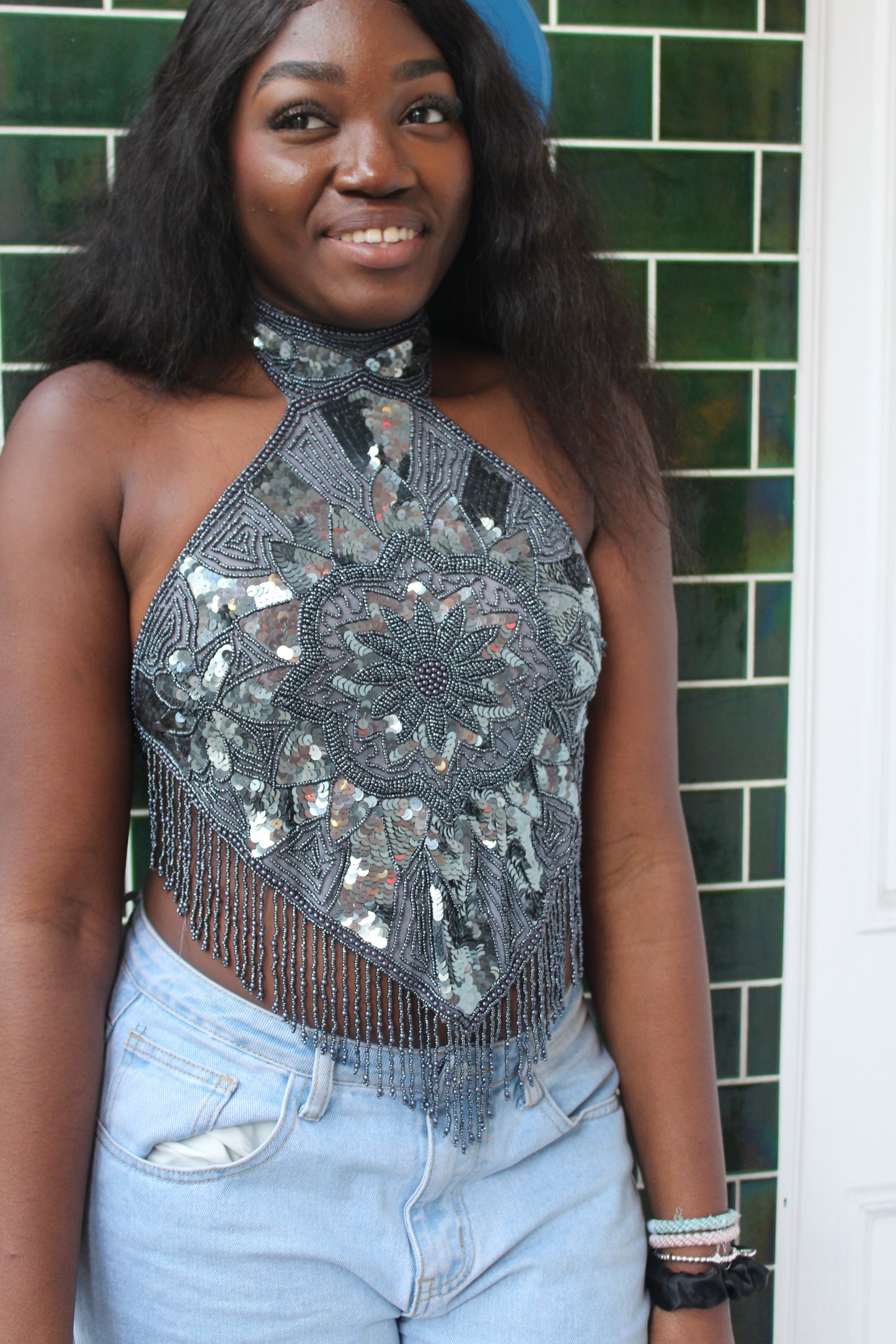 Grey Beaded Medallion Top