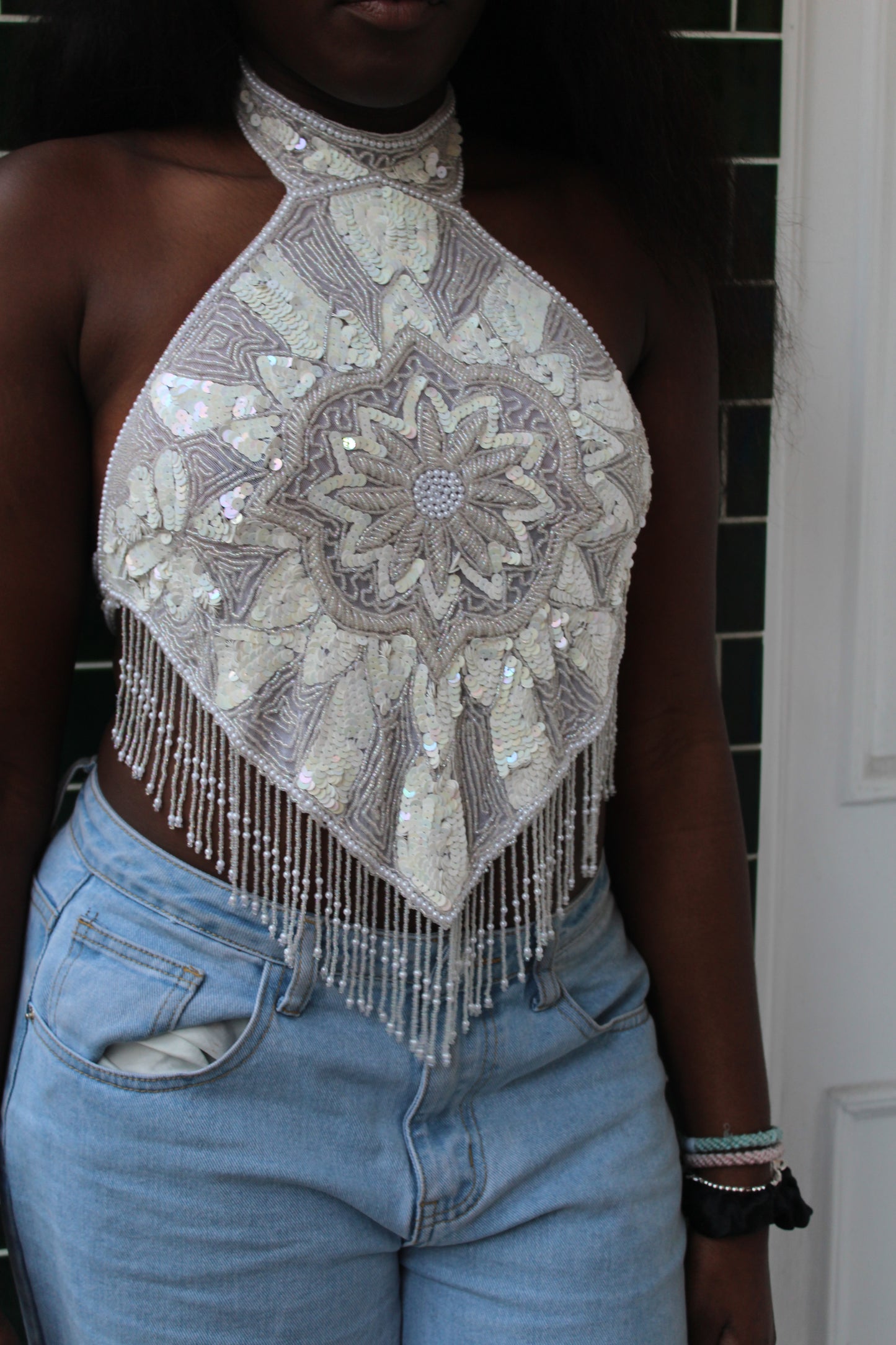 White Beaded Medallion Top
