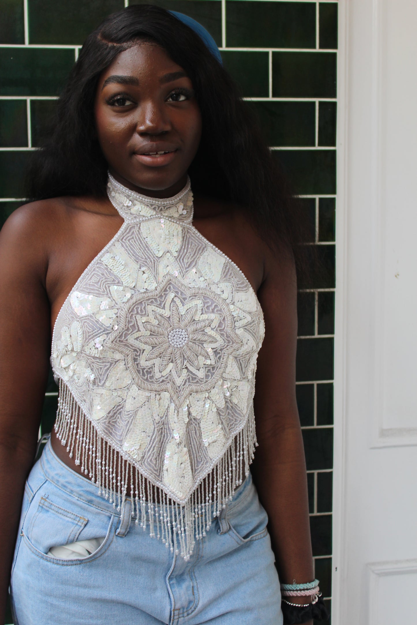 White Beaded Medallion Top