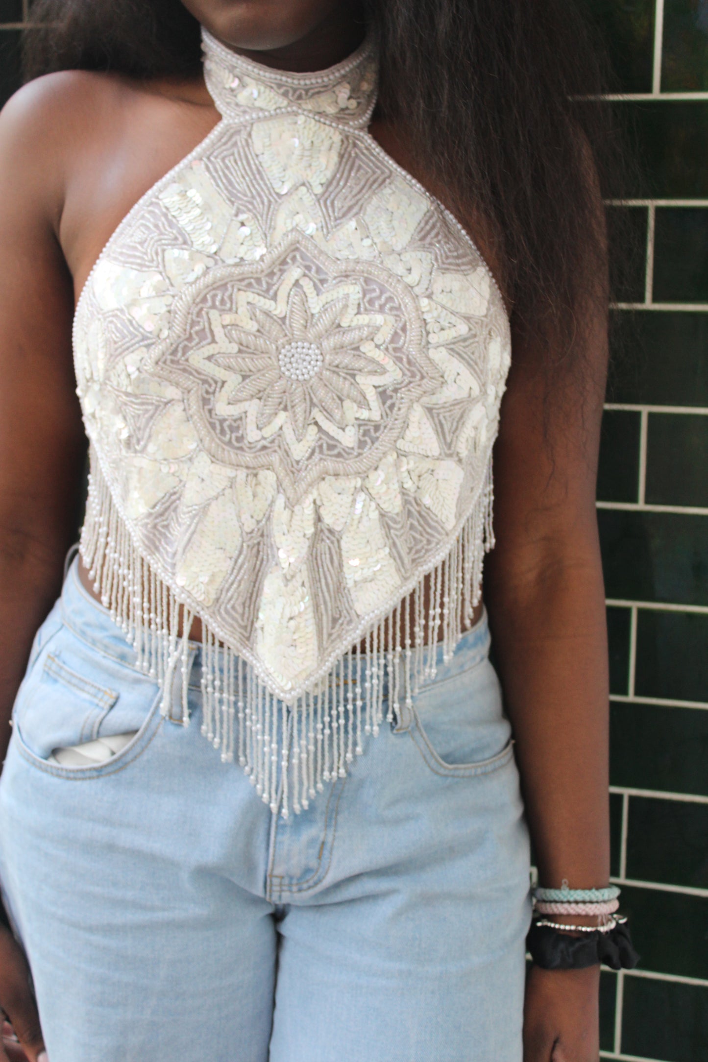 White Beaded Medallion Top