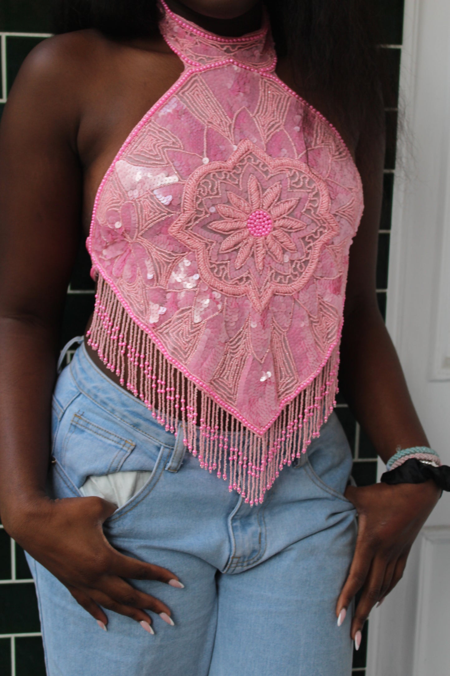 Pink Beaded Medallion Top