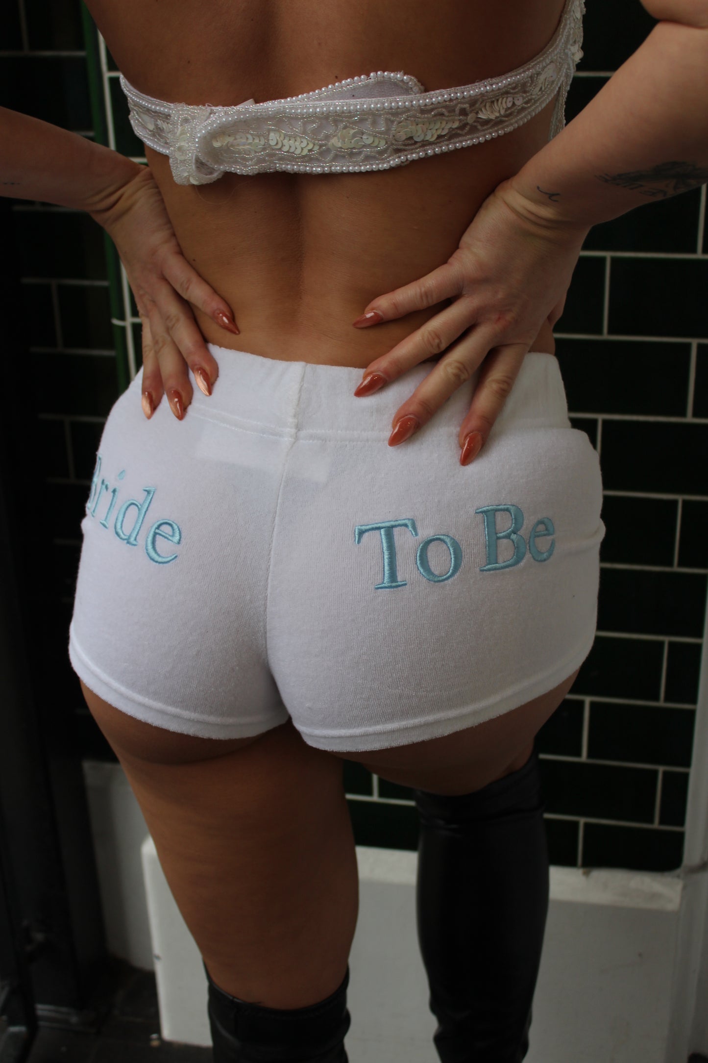 White & Blue 'Bride To Be' Towelling Shorts