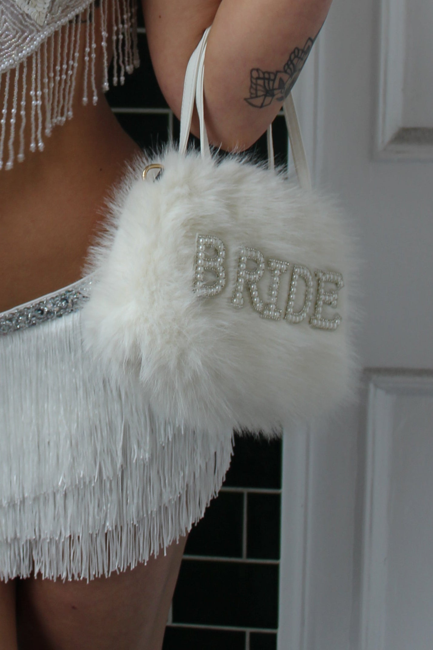 White Fur Bejewelled Bride Handbag