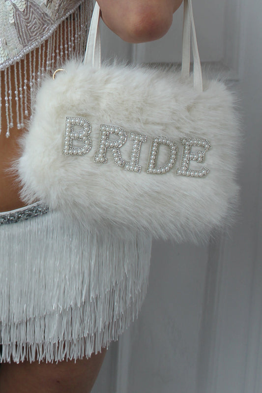 White Fur Bejewelled Bride Handbag