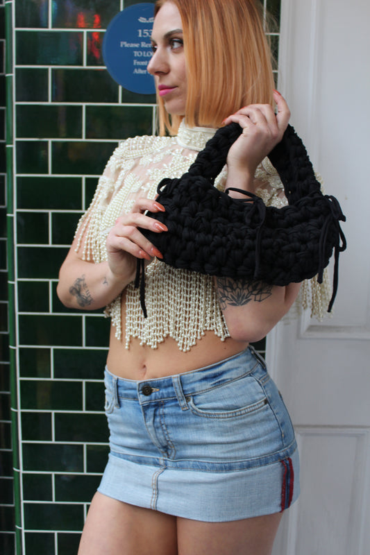 Black Ribbon Crochet Shoulder Bag
