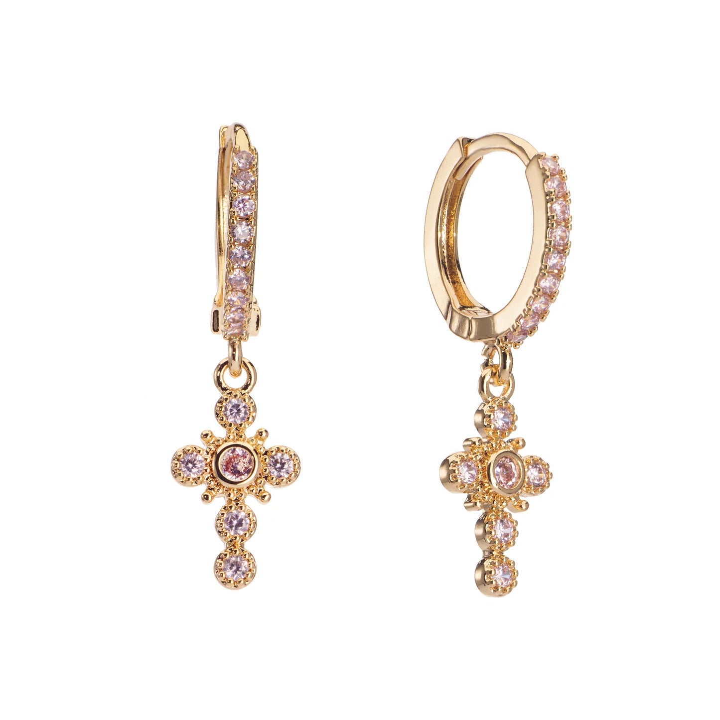 Bijoux De Mimi Isabella Cross Huggie Earrings - Gold Pink