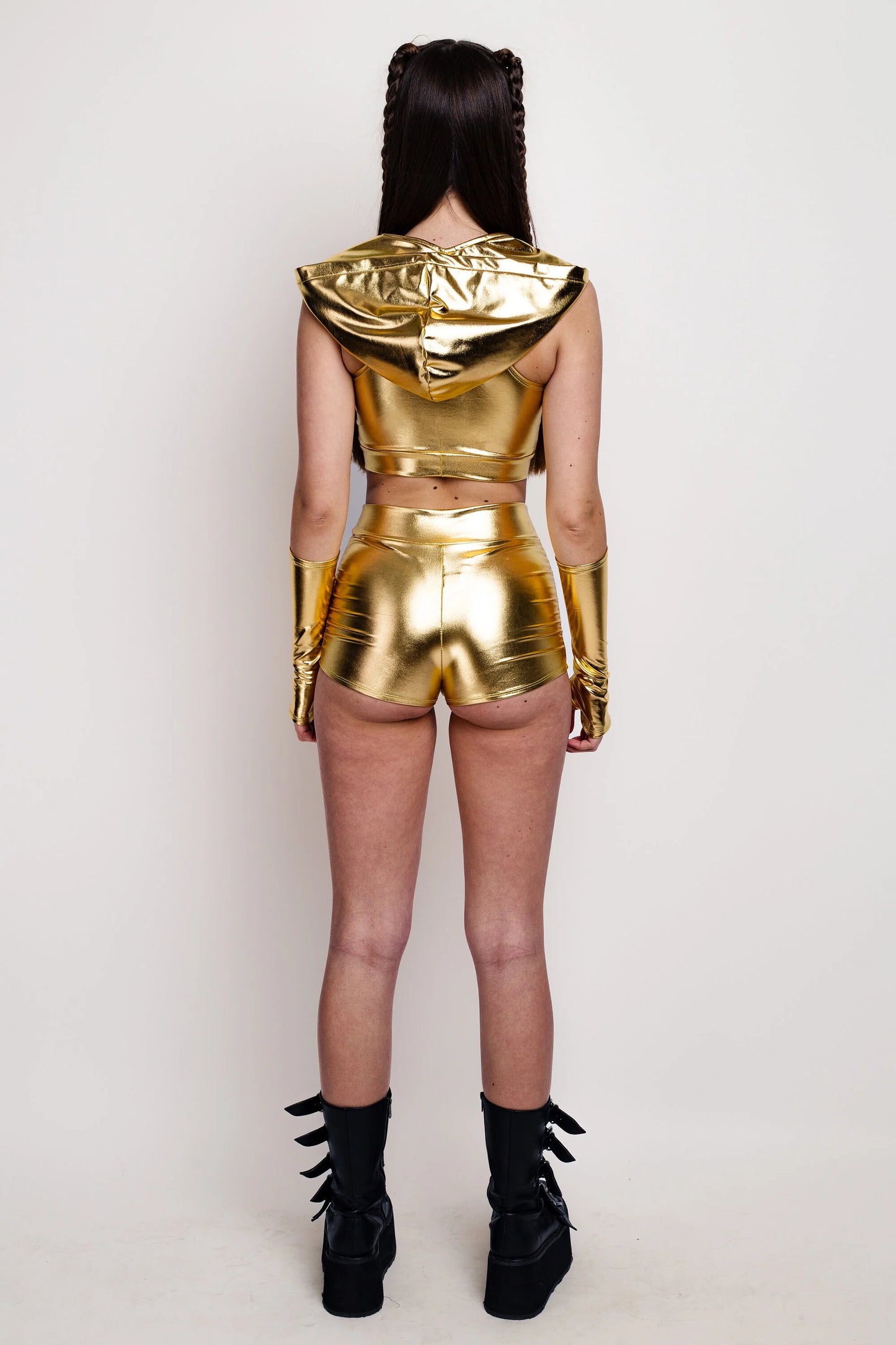 Metallic Gold Cut HW Ruched Shorts