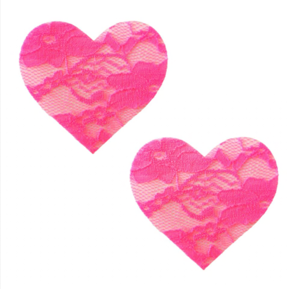 Neva Nude Neon Blacklight Bubble Gum Pink Lace I Heart U Nipple Cover Pasties