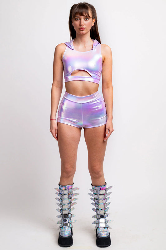 Purple Holo Cut HW Ruched Shorts