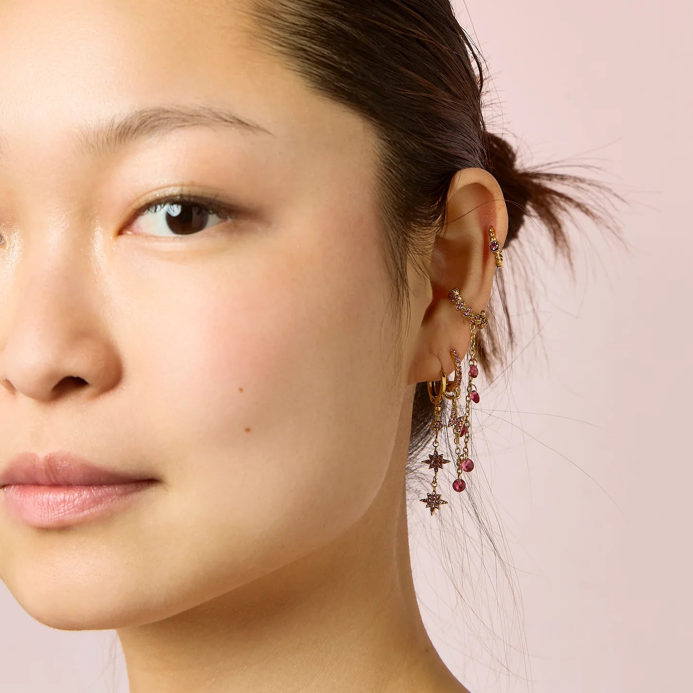 Bijoux De Mimi Romilly Droplet Star Huggie Earrings - Gold & Pink