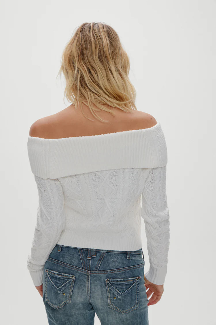 Frankies Bikinis Saint Off the Shoulder Knit Sweater - Cloud White
