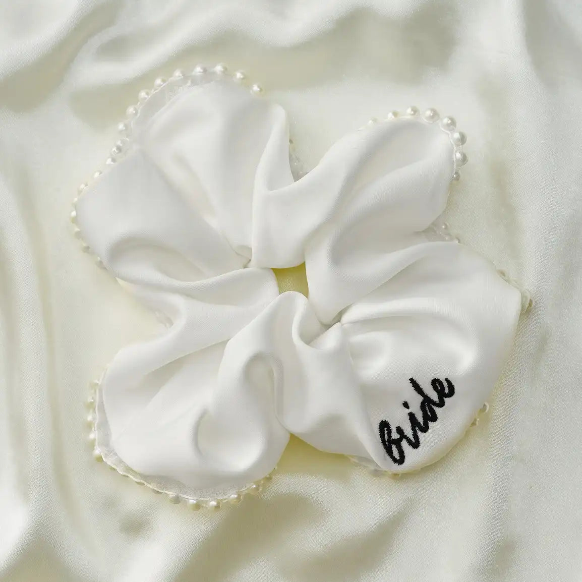 White Embroidered 'Bride' Scrunchie with Pearl Trim