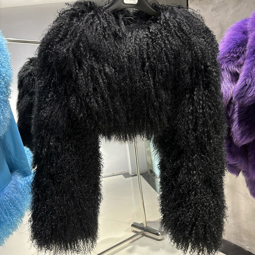 Cropped Mongolian Fur Jacket - Black