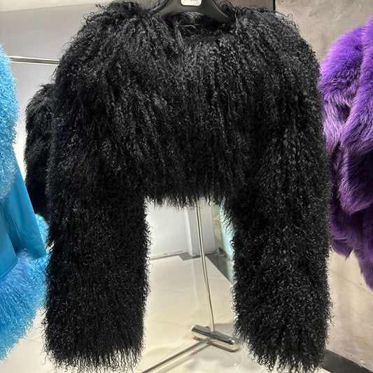 Cropped Mongolian Fur Jacket - Black