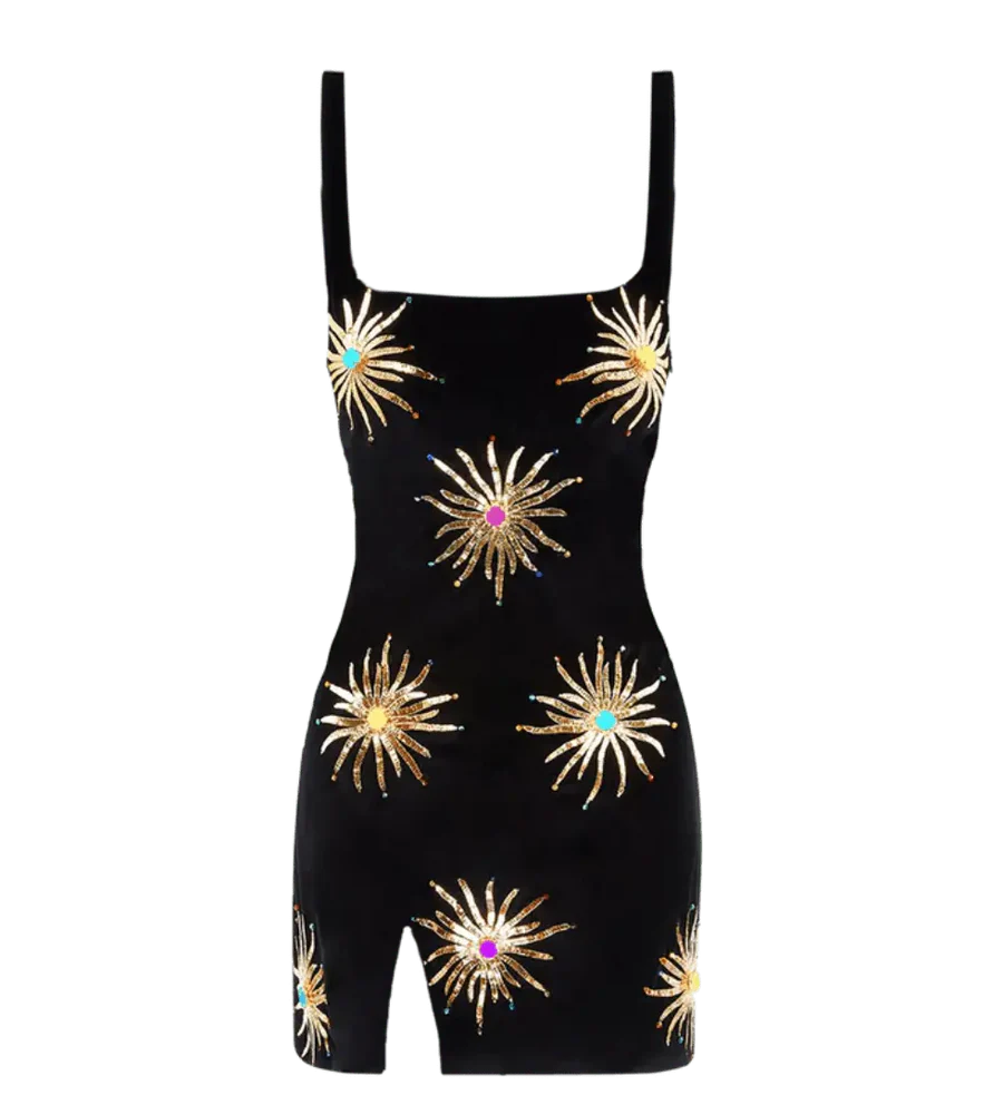 Oceanus Callie Luxury Embellished Black Party Dress