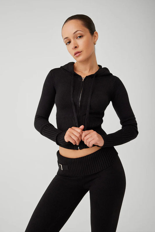 Frankies Bikinis Aimee Zip Up Cloud Knit Hoodie – Black