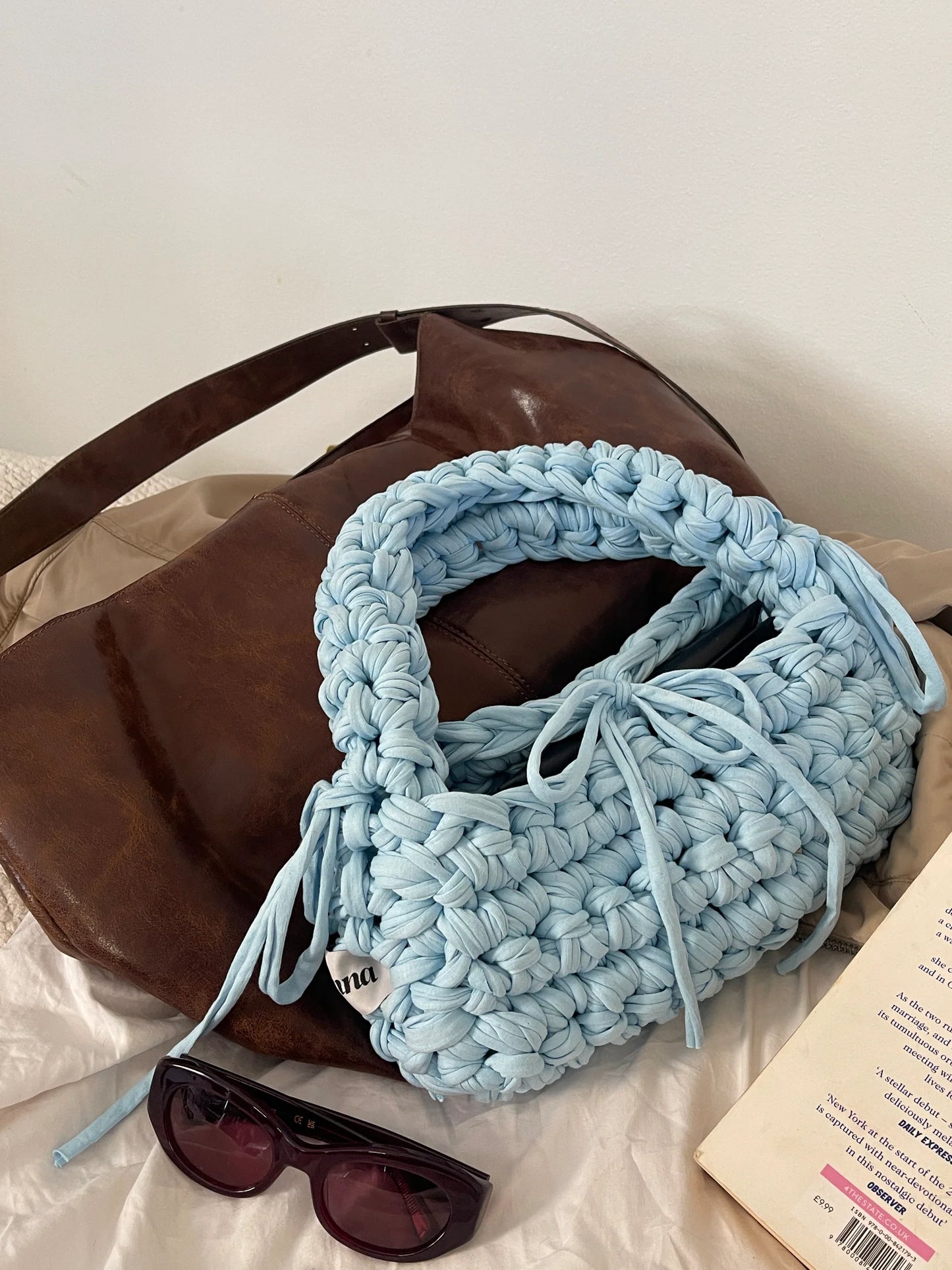 Baby Blue Ribbon Crochet Shoulder Bag