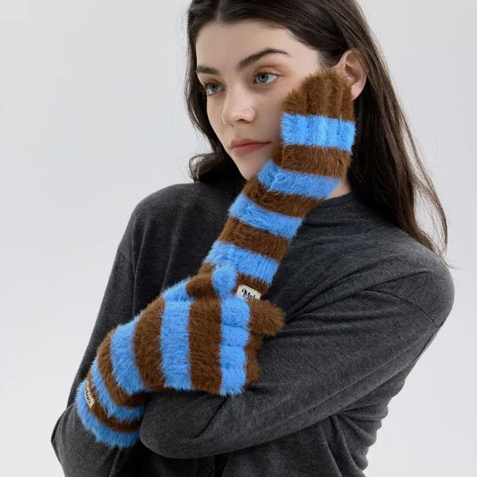 Striped Fuzzy Knitted Gloves - Blue & Brown