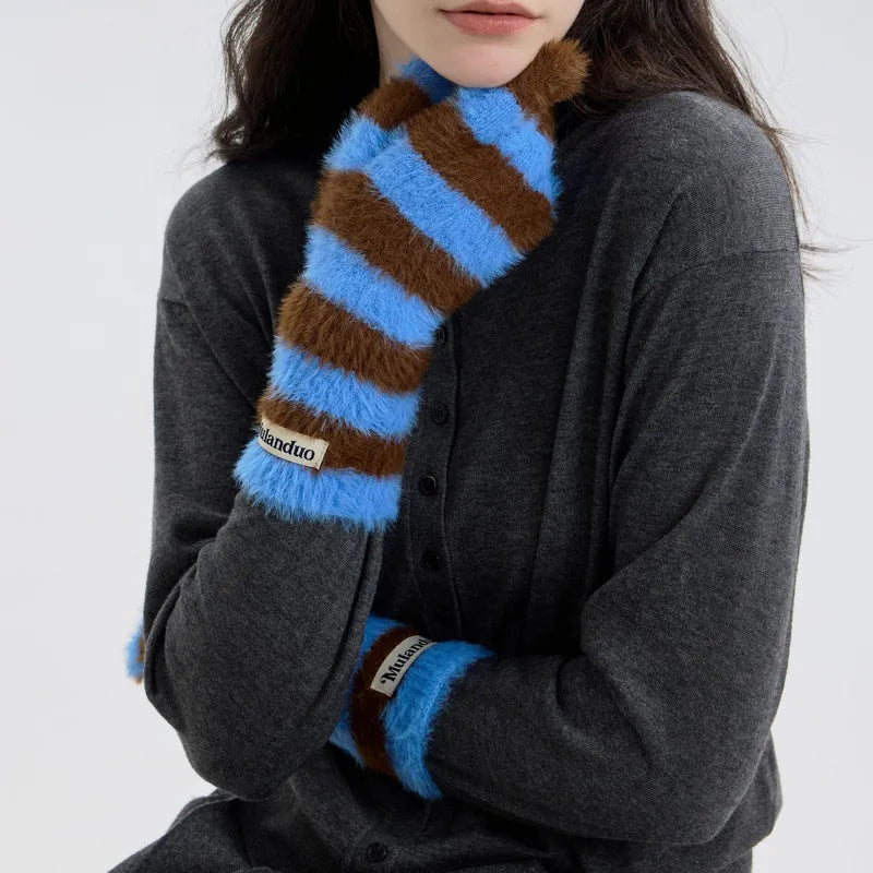 Striped Fuzzy Knitted Gloves - Blue & Brown