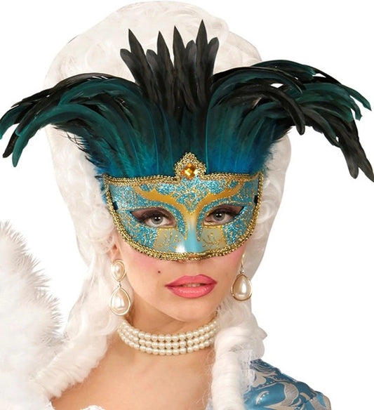 Blue Comtesse Feathered Masquerade Mask