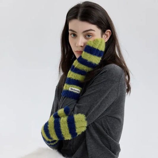 Striped Fuzzy Knitted Gloves - Blue & Green