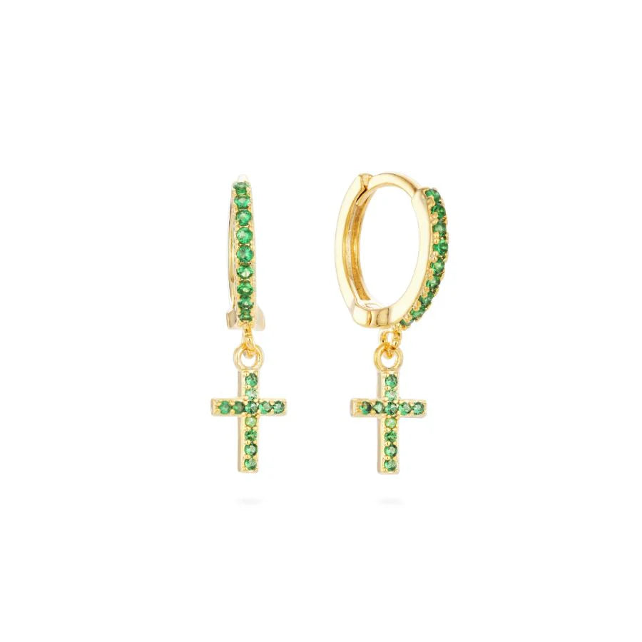 Bijoux De Mimi Camilla Green Gold Cross Huggie Earrings