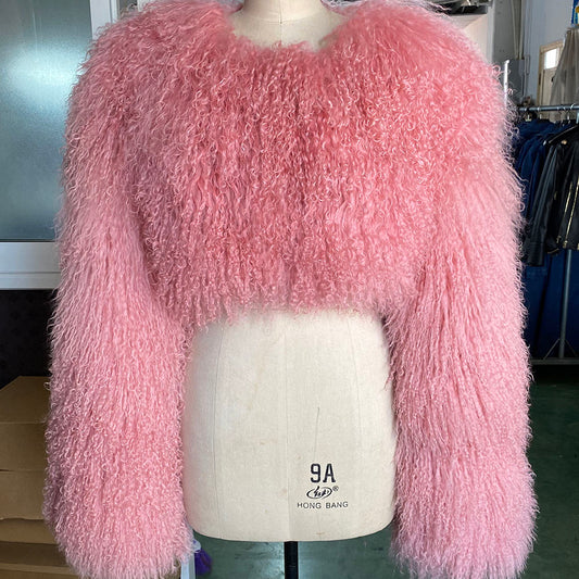 Cropped Mongolian Fur Jacket - Candy Pink