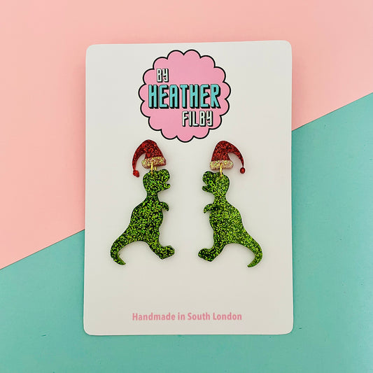 Glitter Christmas Dino Earrings