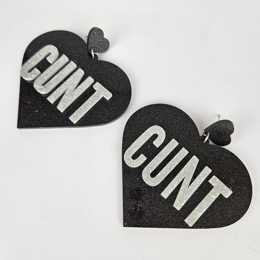 Cunt Giant Heart Earrings - Black Glitter