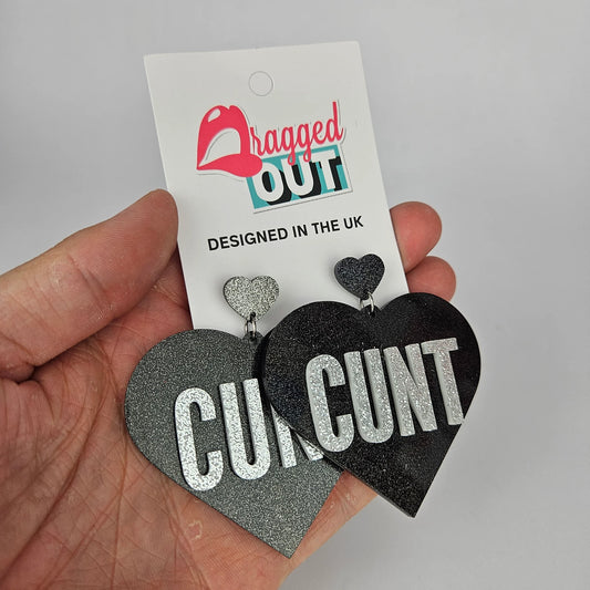 Cunt Giant Heart Earrings - Black Glitter