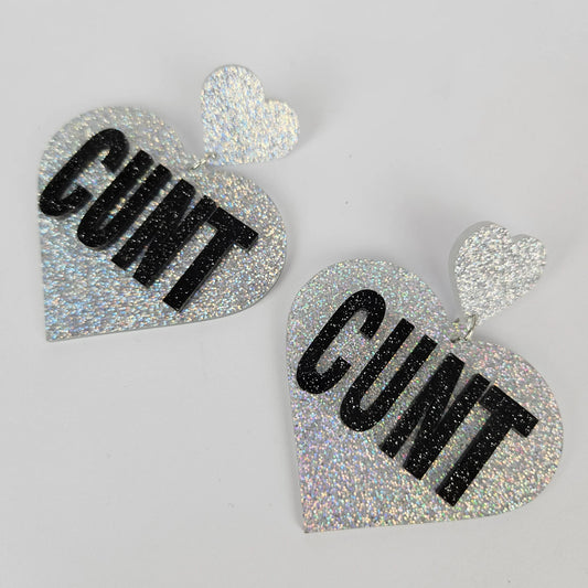 Cunt Giant Heart Earrings - Silver Glitter