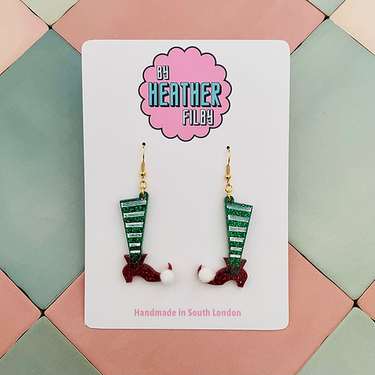Red and Green Elf Legs Sparkly Christmas Earrings
