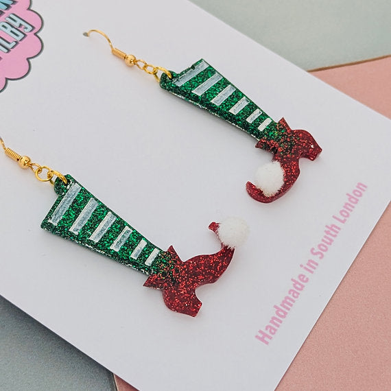 Red and Green Elf Legs Sparkly Christmas Earrings