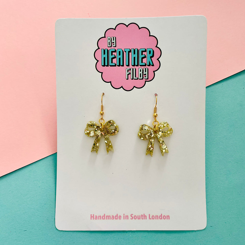 Gold Glitter Mini Bow Earrings