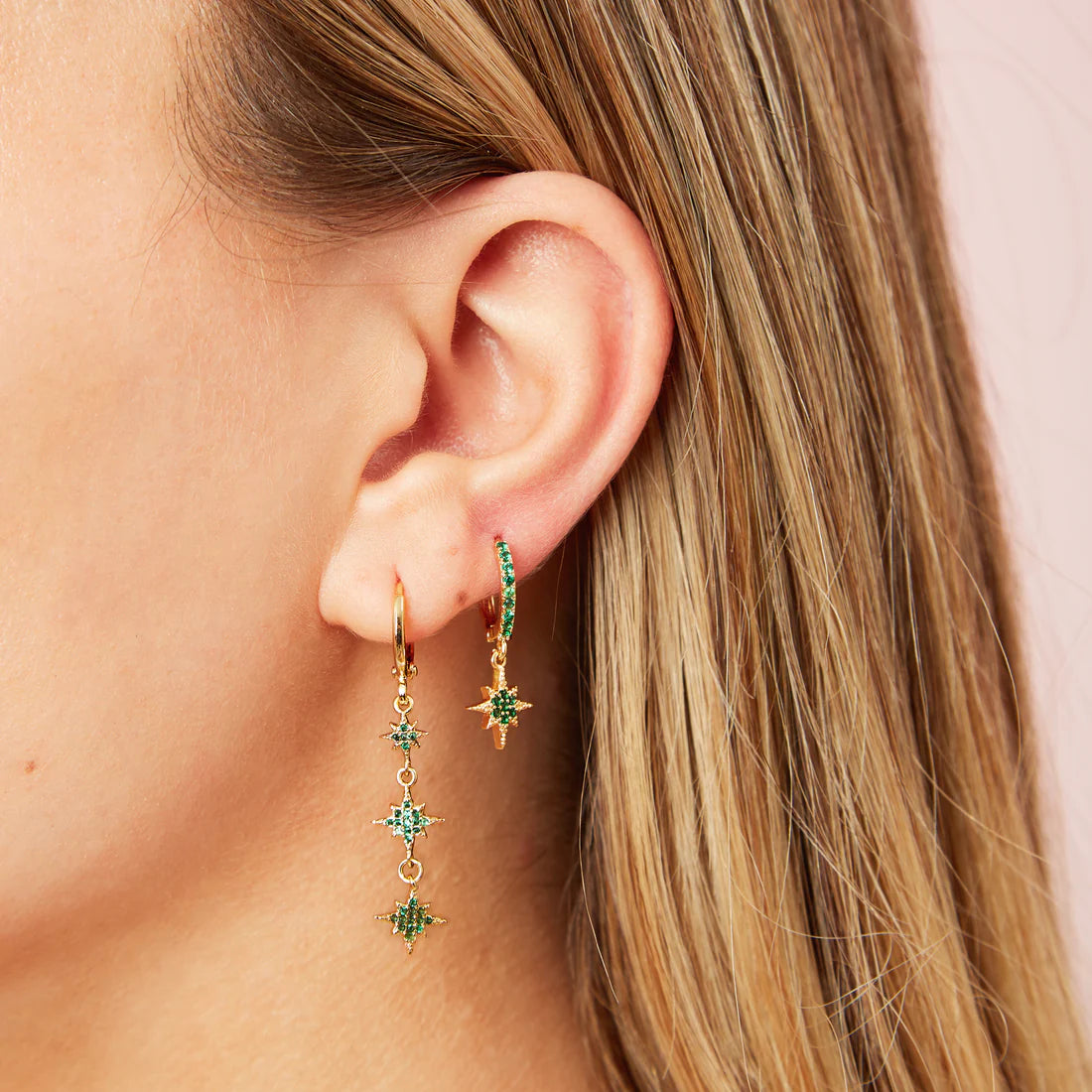 Bijoux De Mimi Cosima Green Gold Star Huggie Earrings