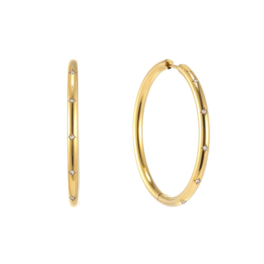 Bijoux De Mimi Hebe Thin Bigger Star Hoop - Gold & Crystal
